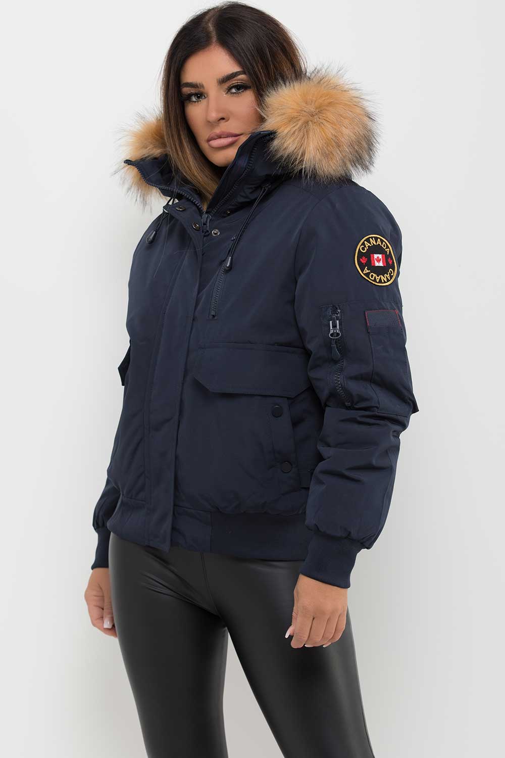 canada goose inspired bomber jacket with fur hood