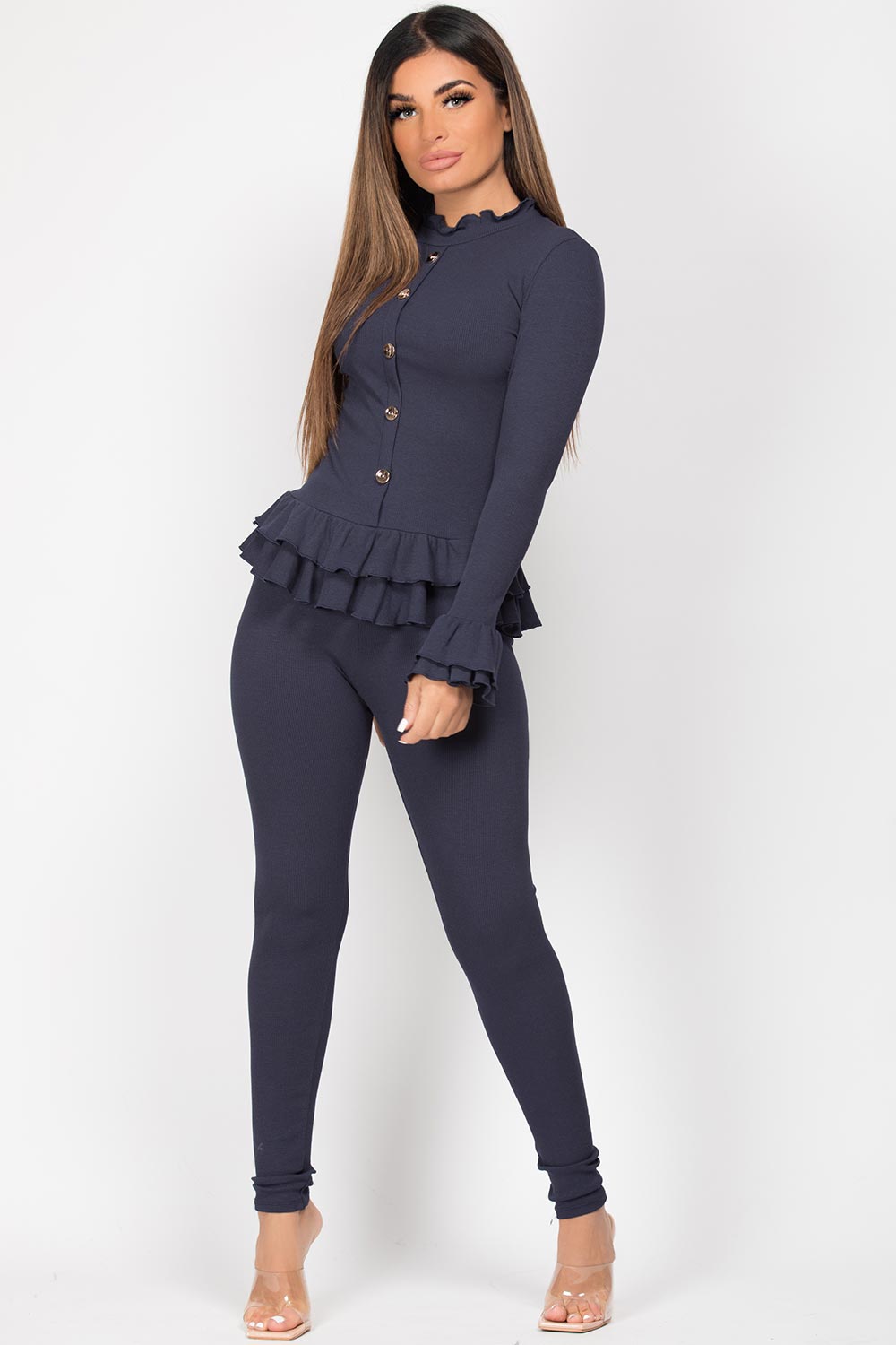 frill detail buttoned loungewear set navy