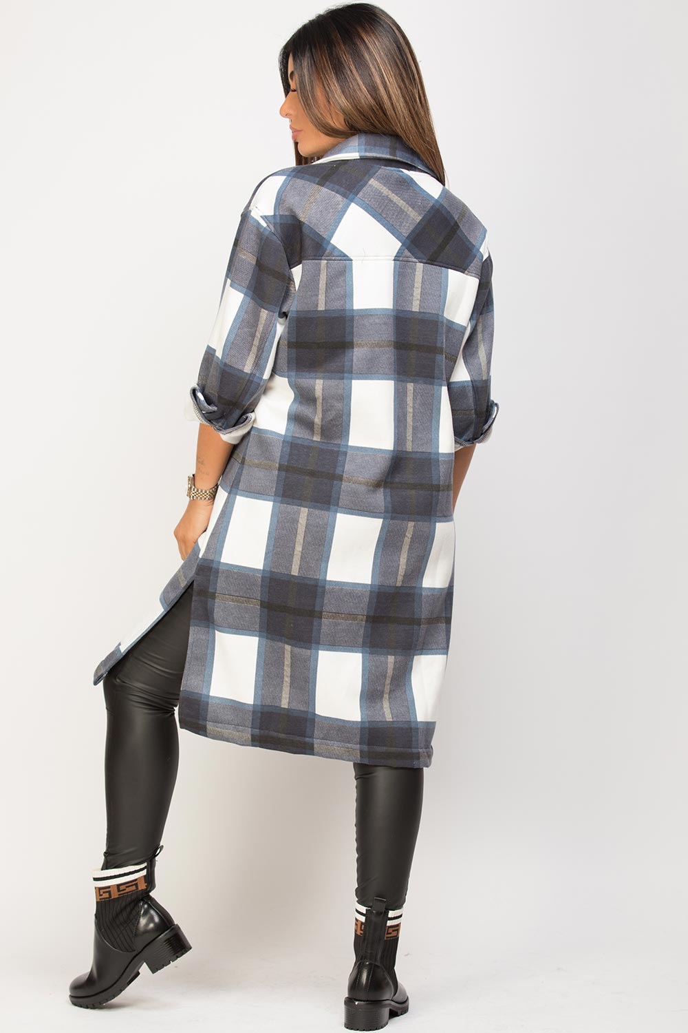womens long shacket navy check