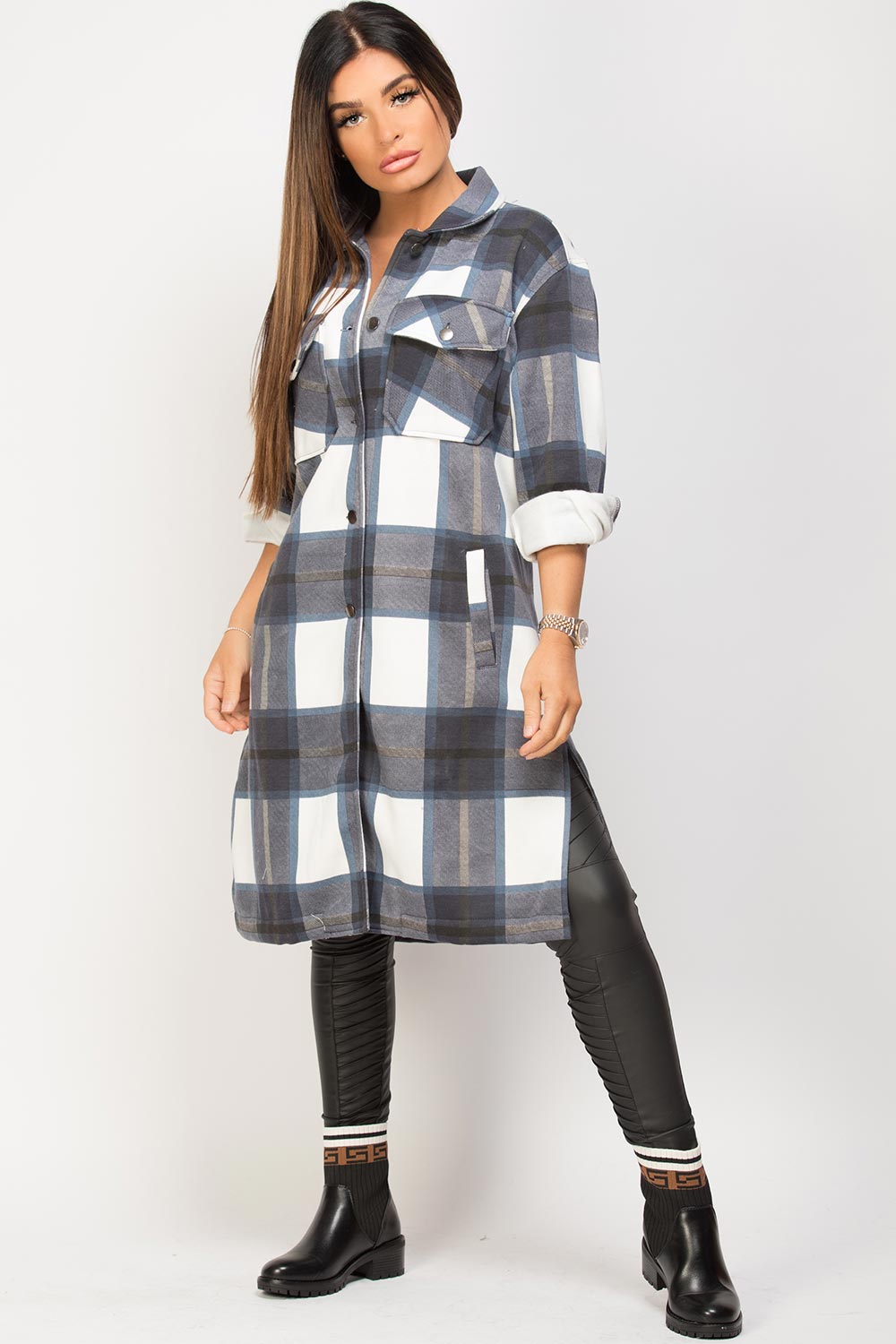 long line check shacket womens