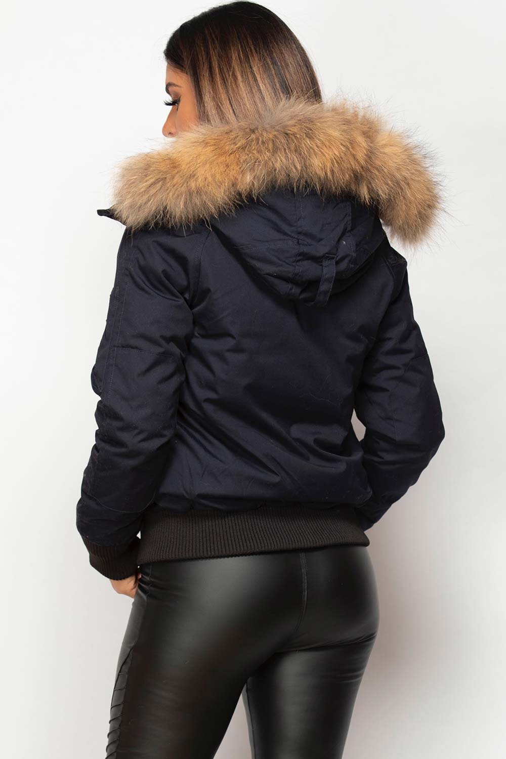 real fur hood bomber jacket navy
