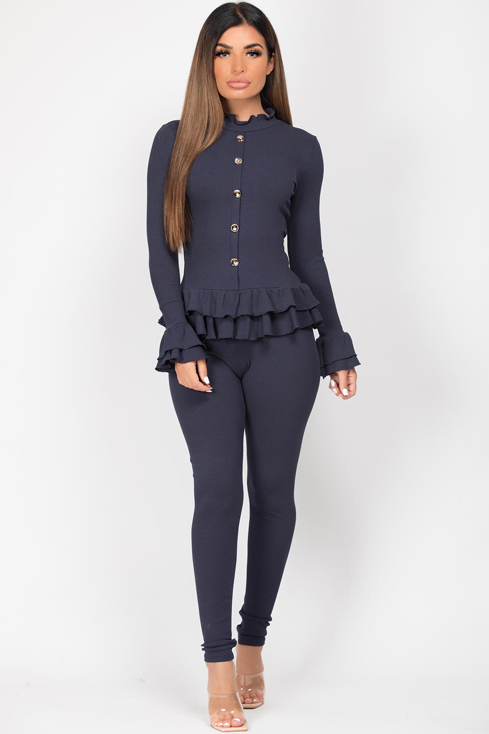 frill detail button front ribbed two piece lounge set