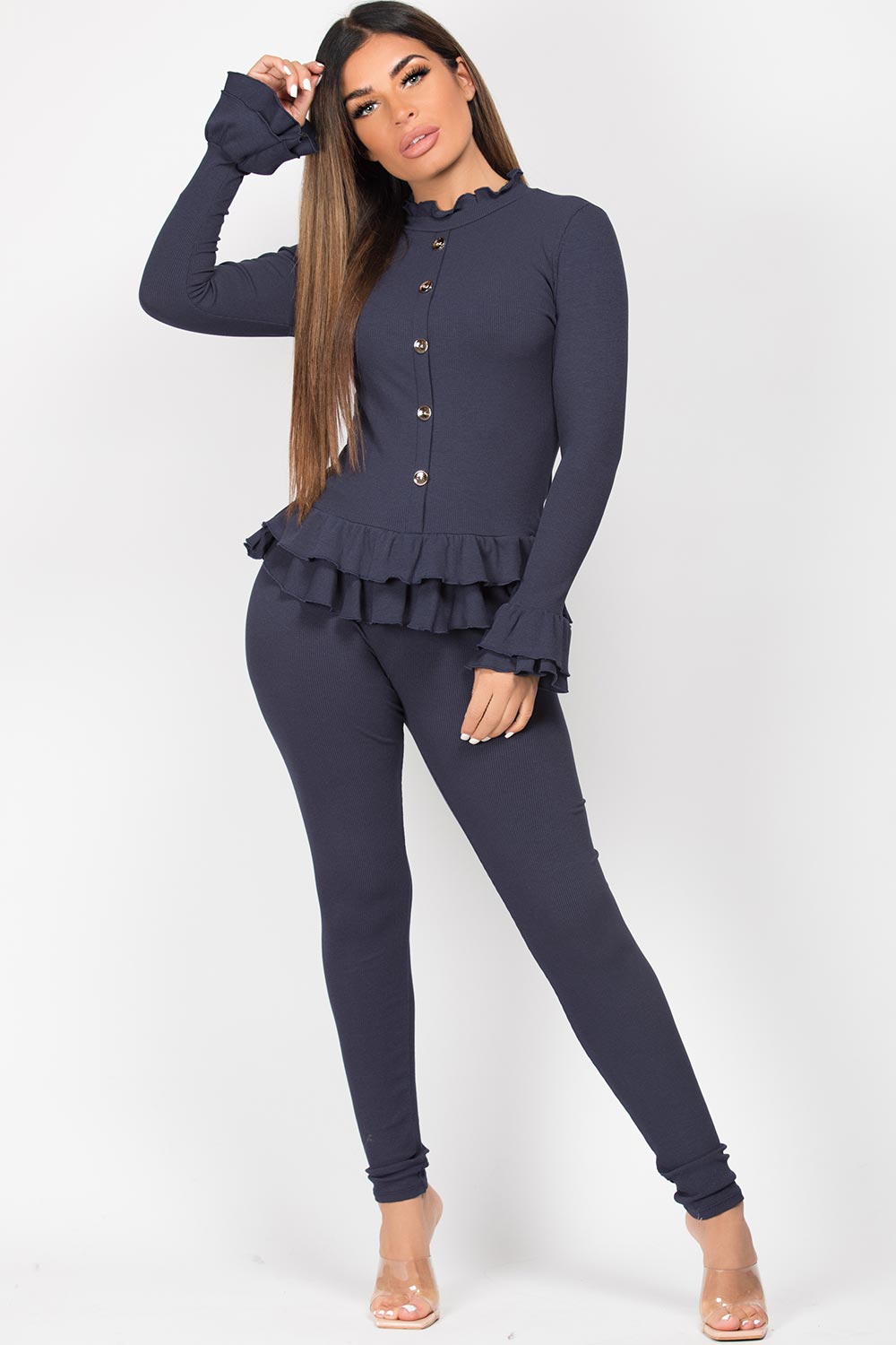 navy frill detail button front loungewear set uk