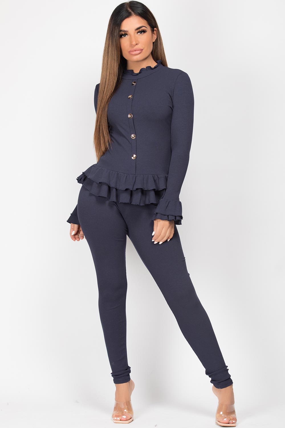 navy frill button detail ribbed loungewear set