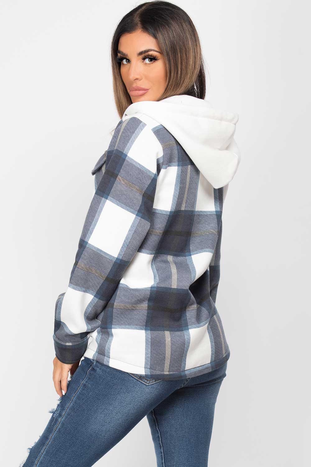 womens hooded shacket navy