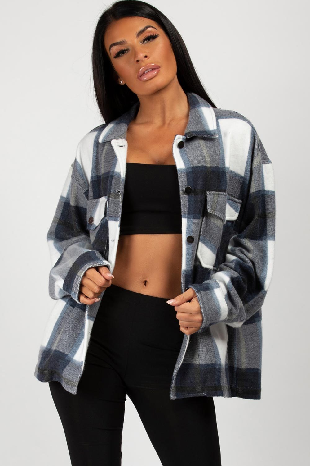 navy oversized check jacket womens