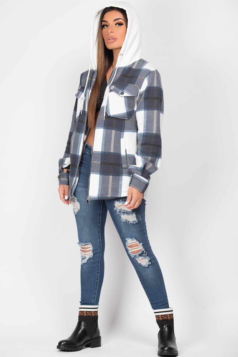 check hooded trucker jacket womens