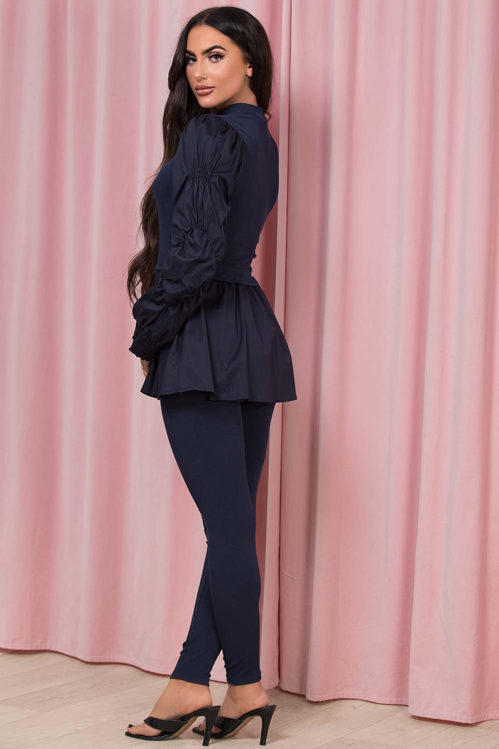 ruched sleeve peplum frill hem two piece co ord set