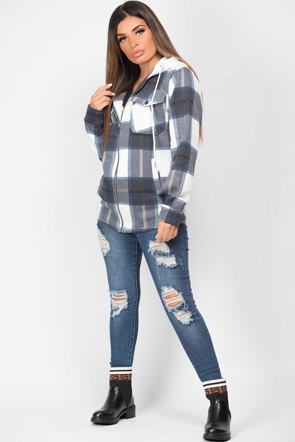 navy shacket with hood womens