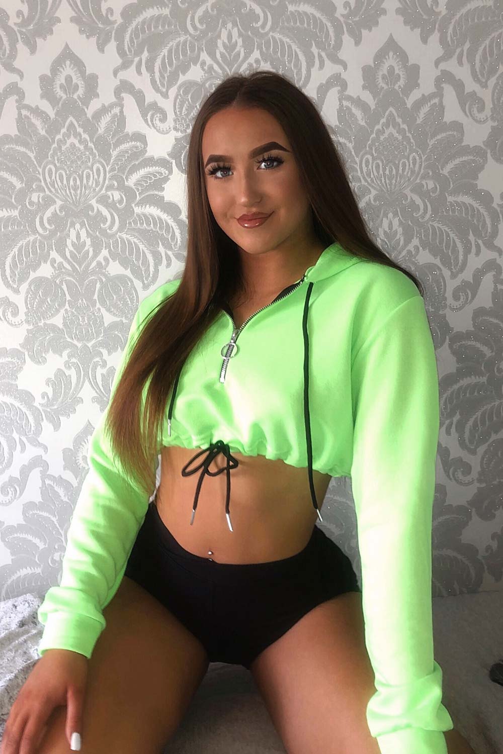 neon green drawstring waist crop hoodie uk