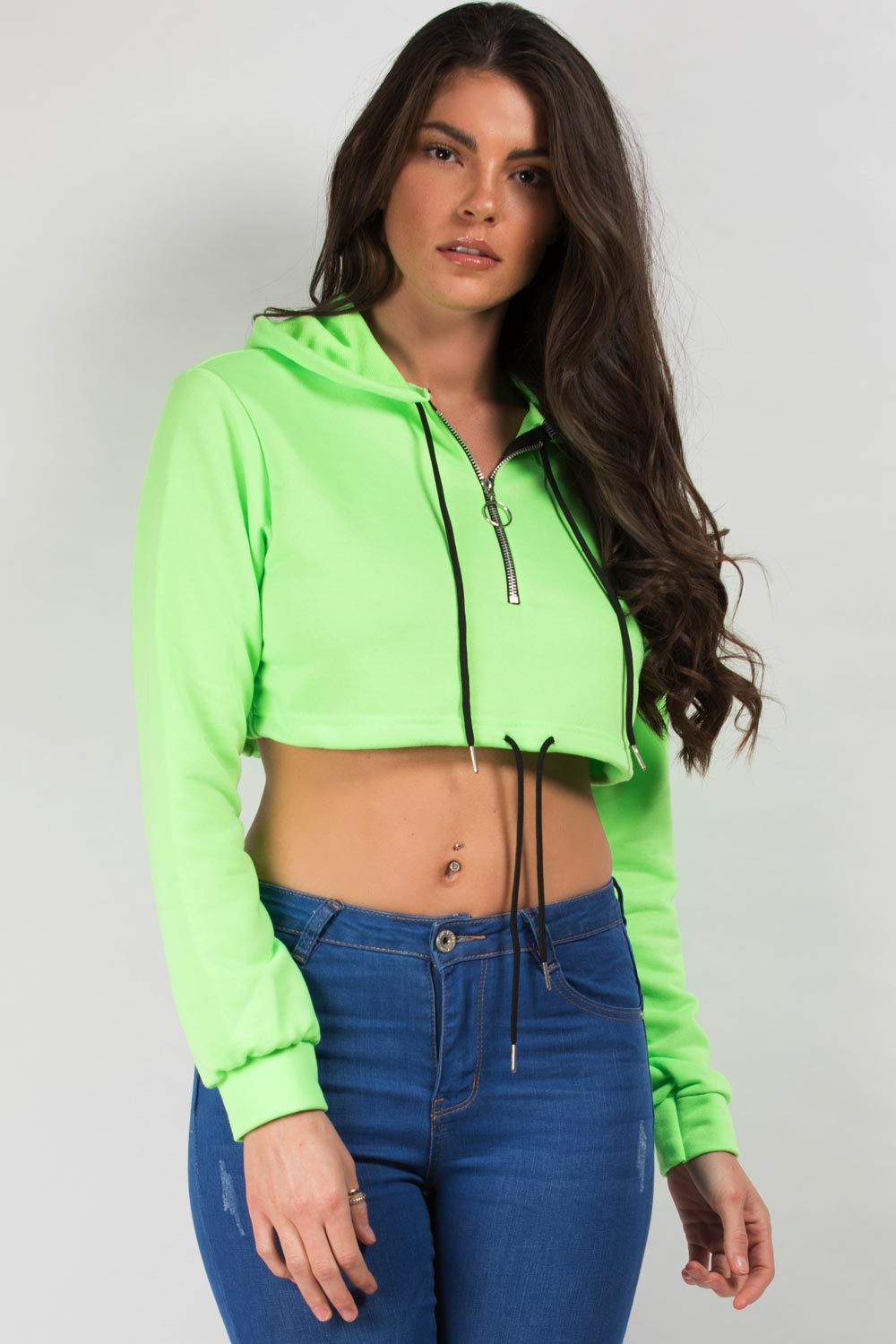 cropped half zip hoodie neon green