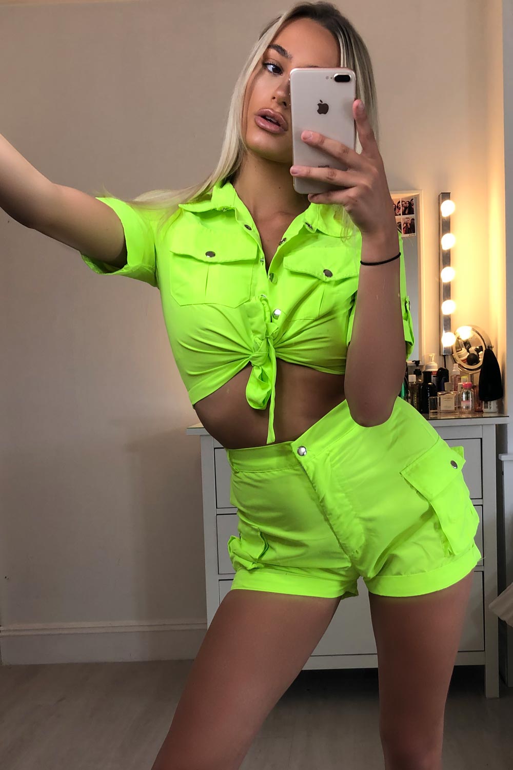 neon green utility crop top and shorts set