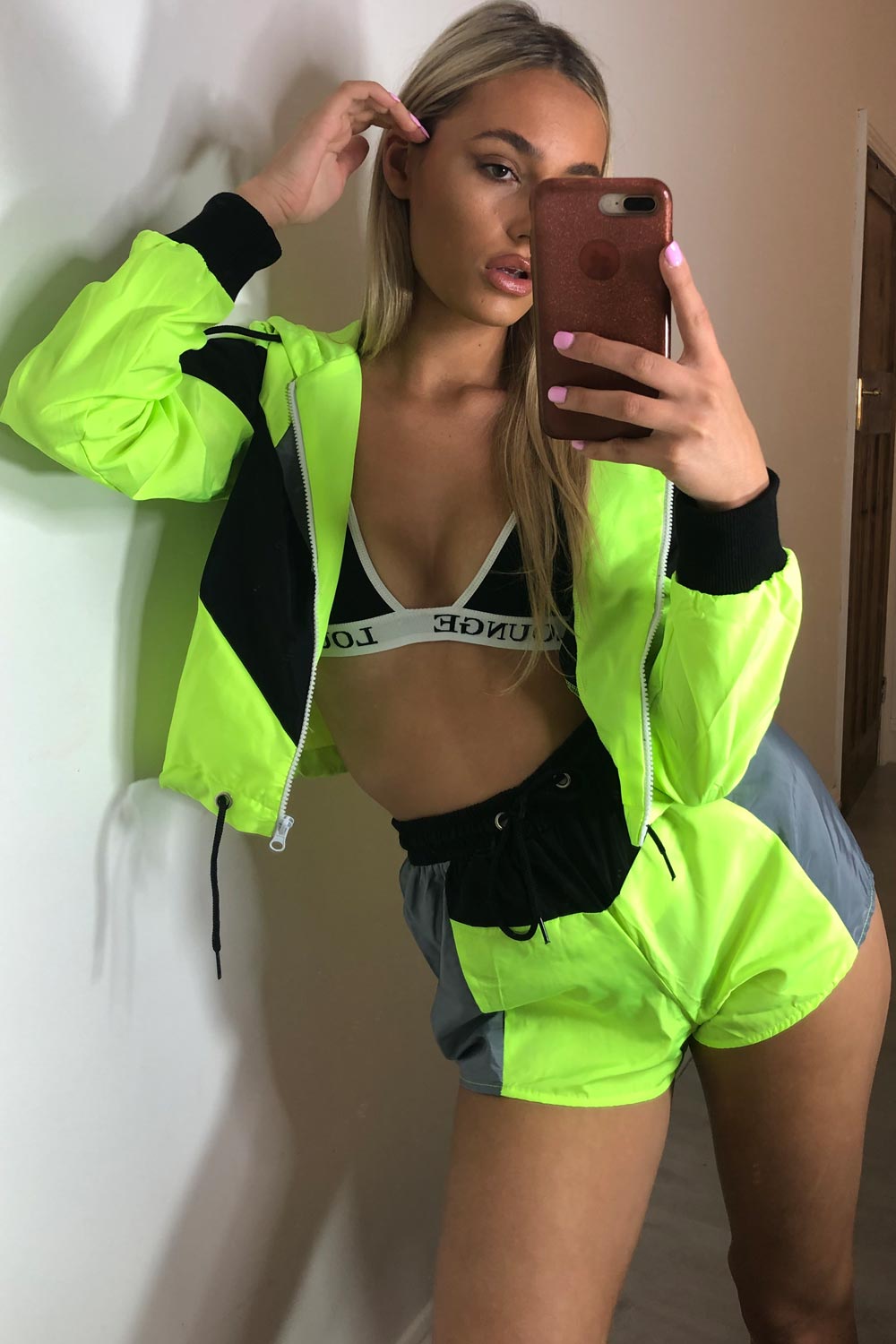neon green colour block shorts and hooded jacket set