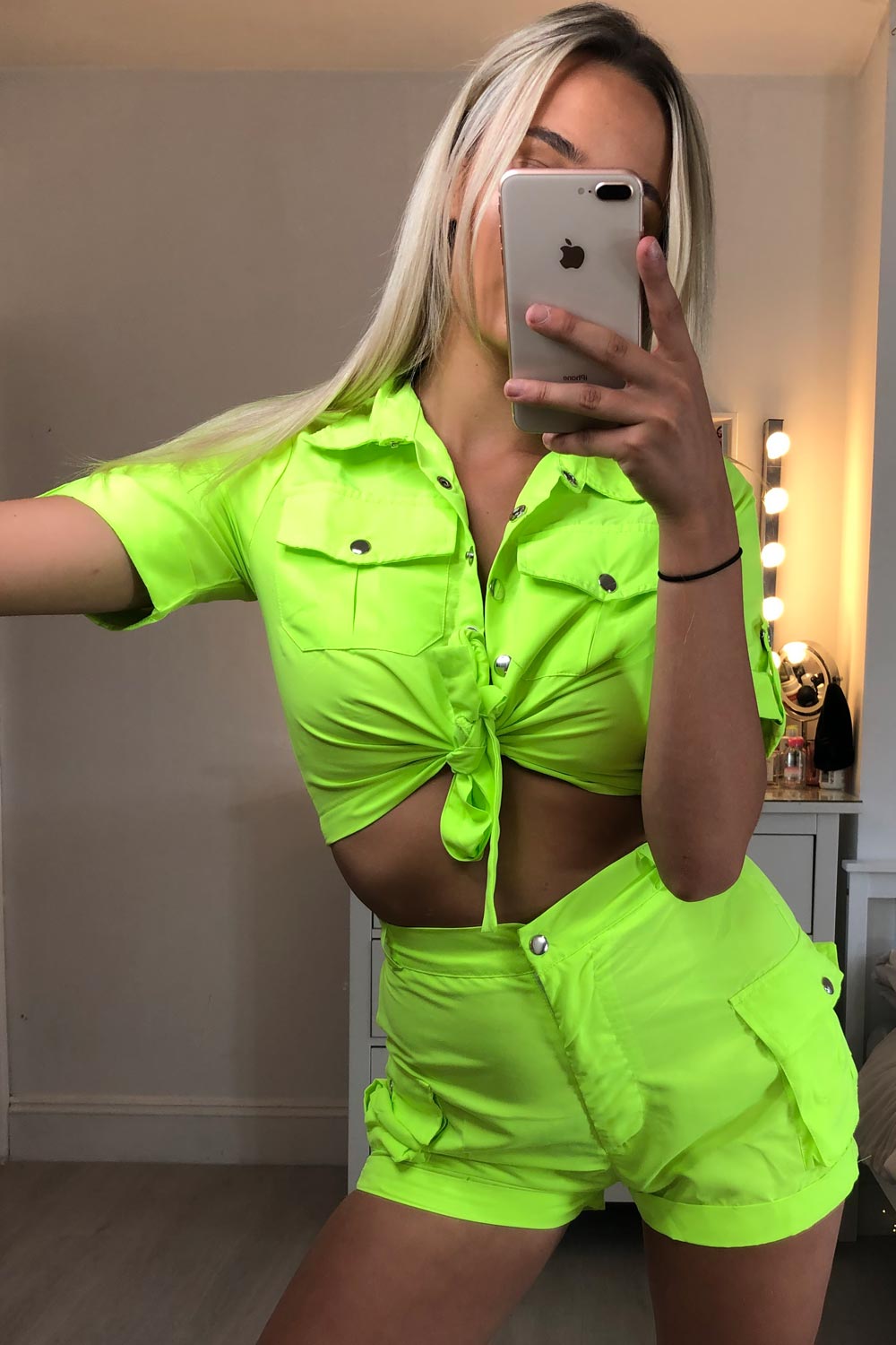 neon green utility crop top and shorts set