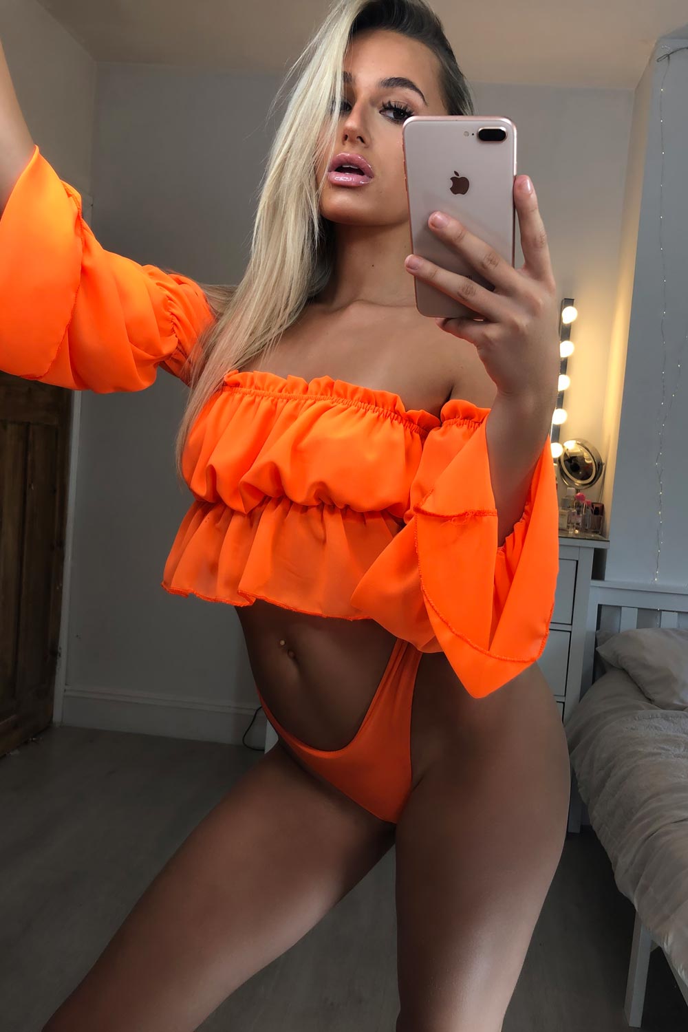 neon orange ruffle sleeve blouse