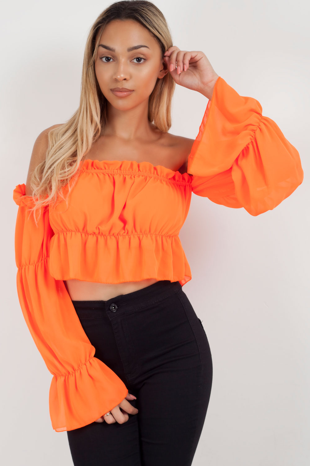 neon orange off shoulder crop top