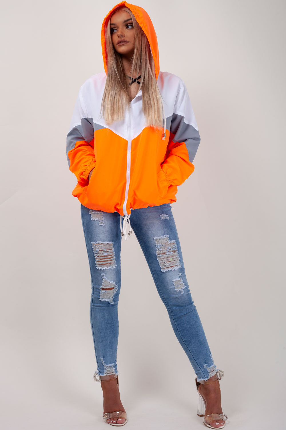 neon orange hooded paneled windbreaker