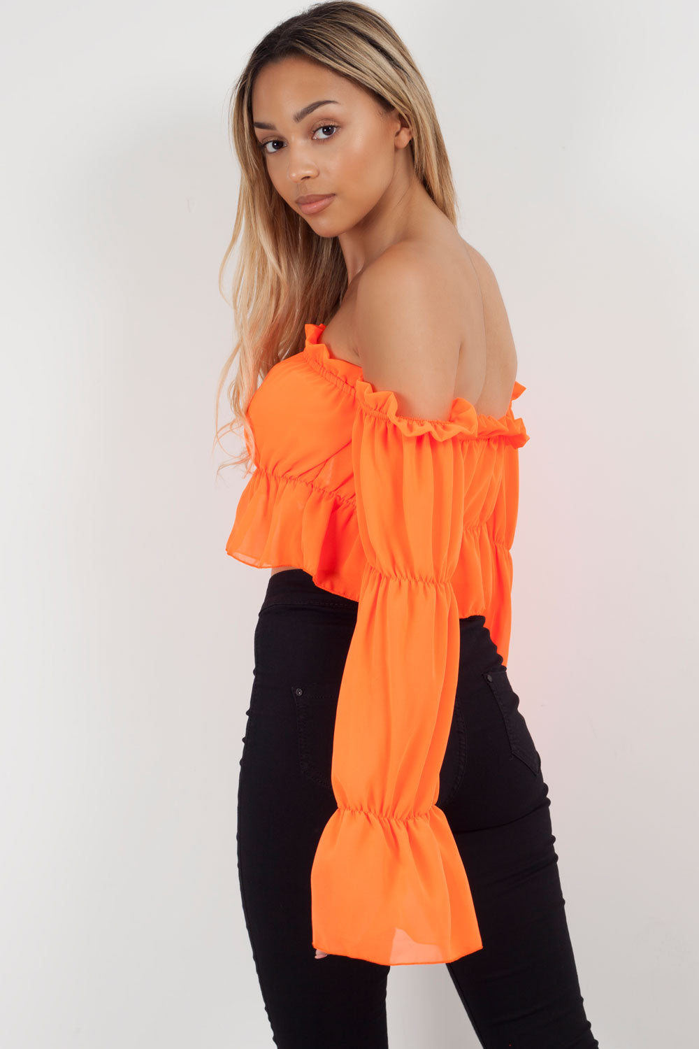 neon orange frill long sleeve crop top