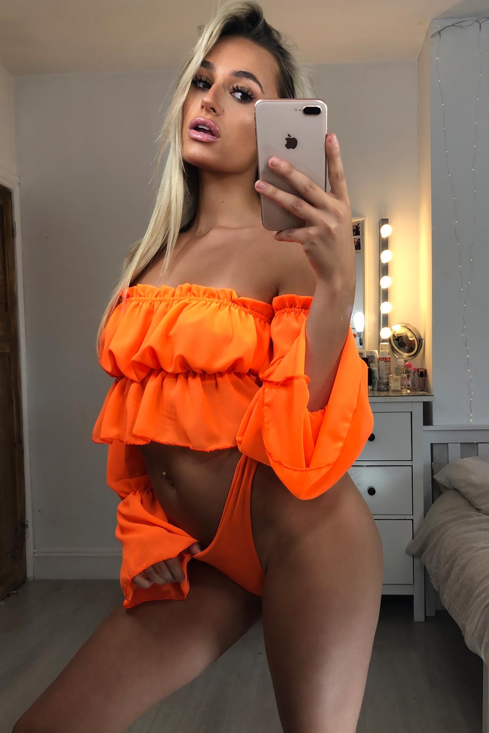 neon orange off shoulder crop top