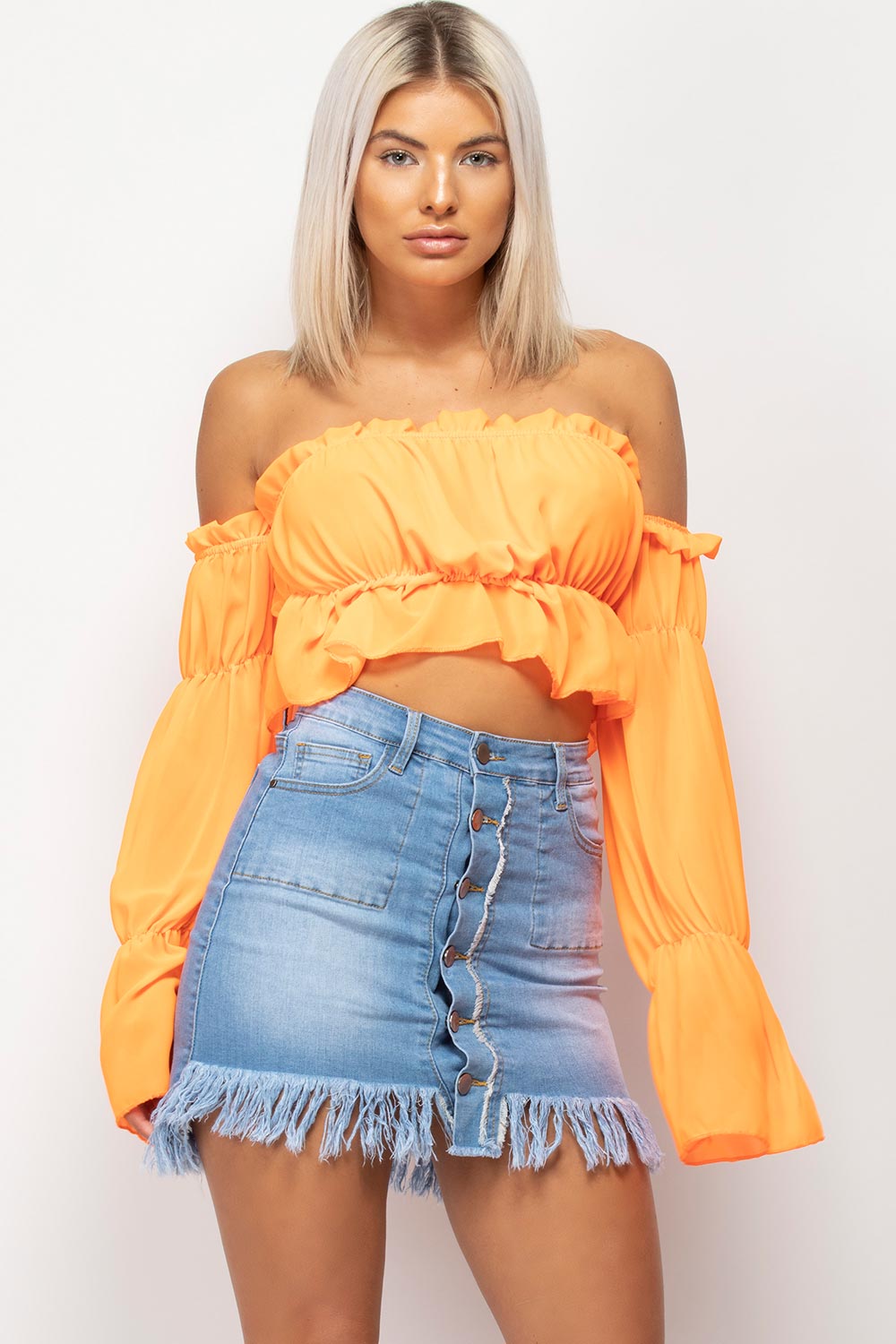 neon orange off shoulder crop top uk