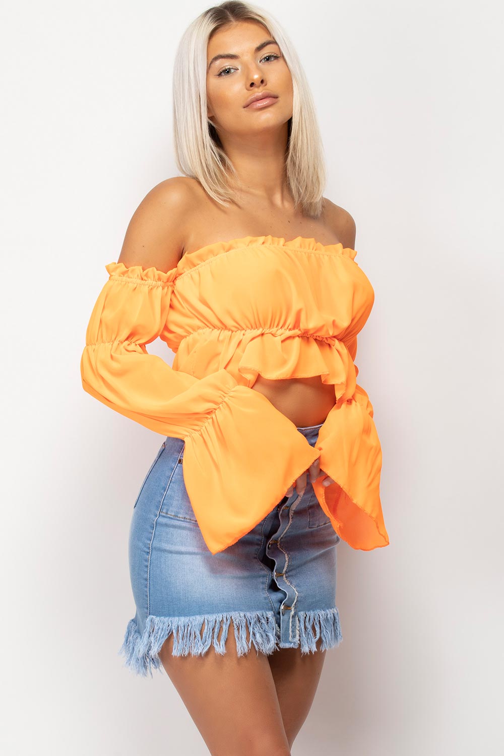 bright orange off shoulder long sleeve crop top uk