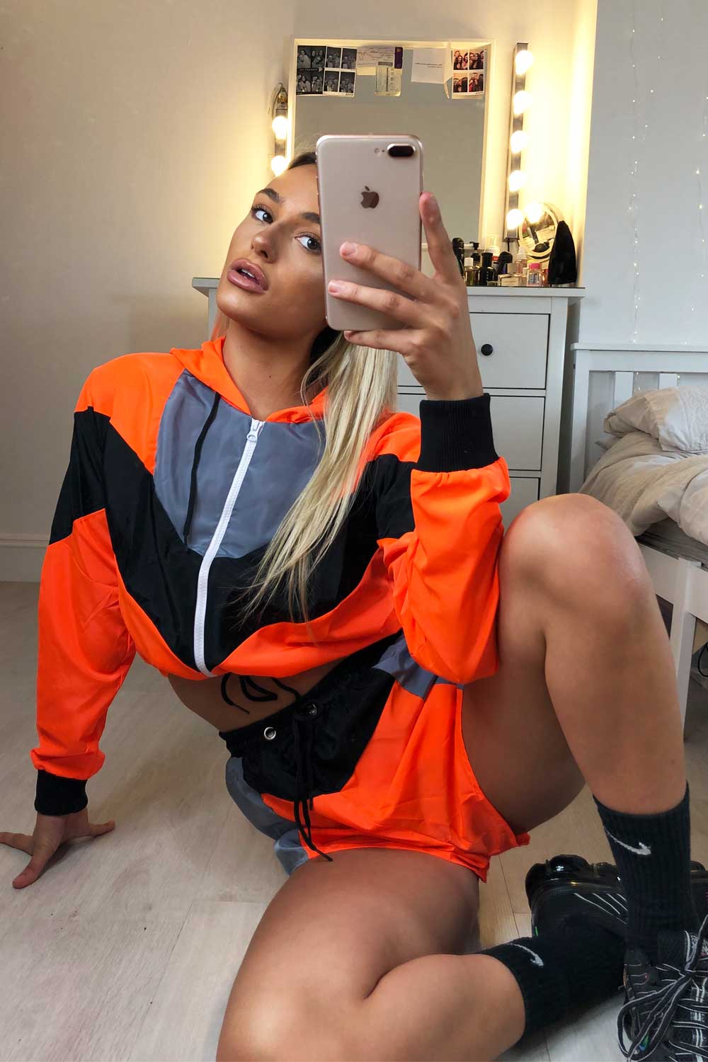 neon orange colour block two piece set