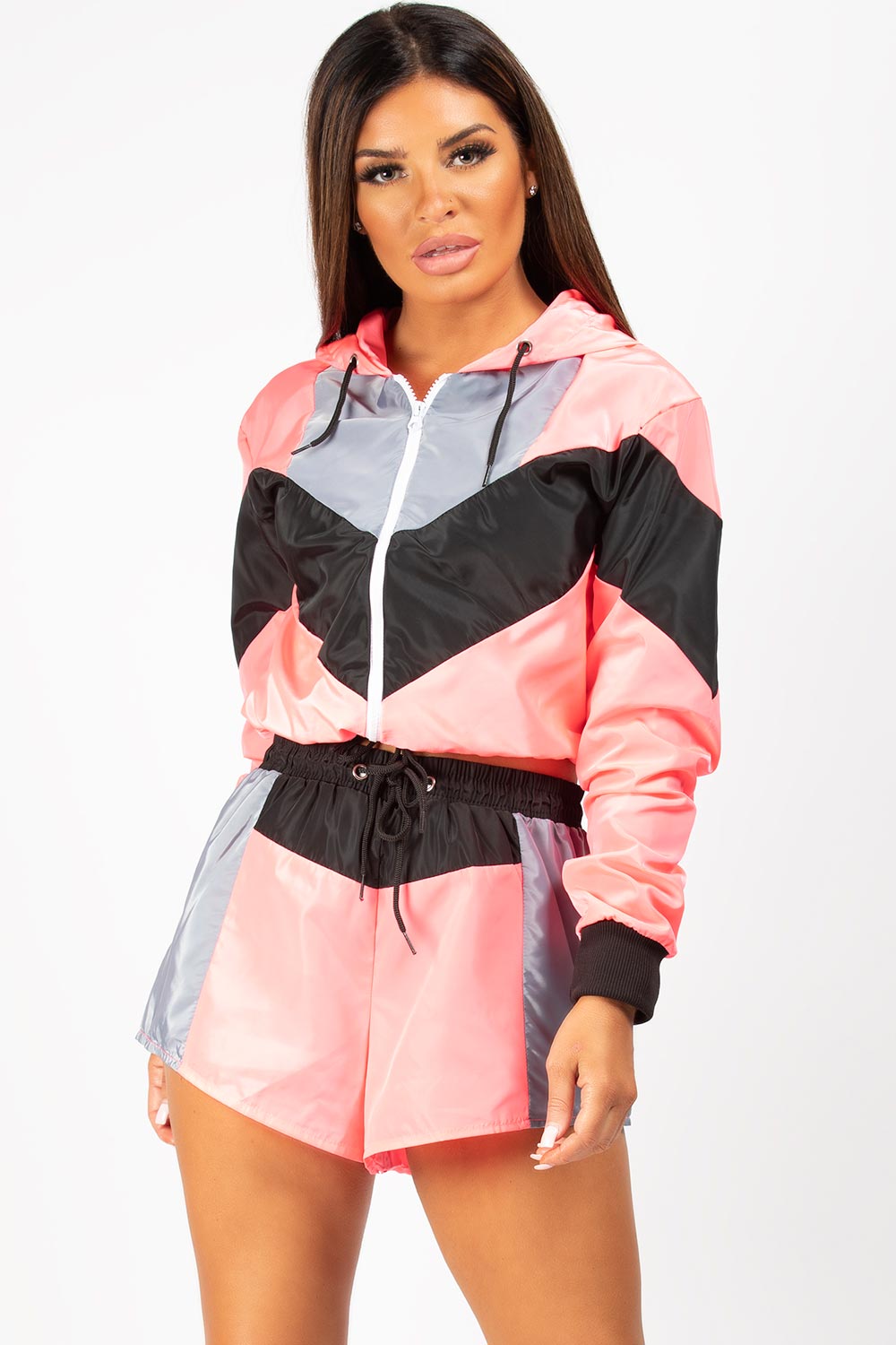 neon pink colour block shell suit