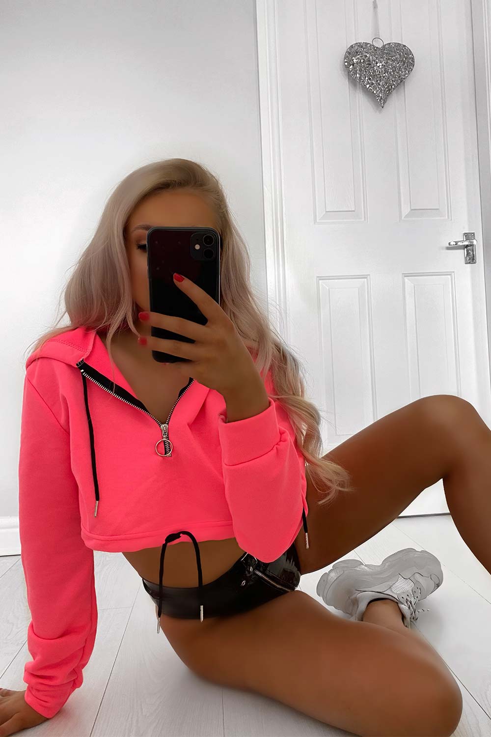 neon pink crop oversized hoodie womens