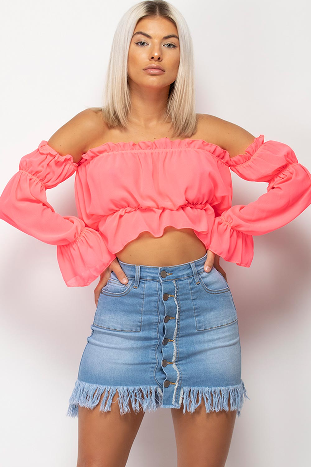 neon pink frill off shoulder crop top