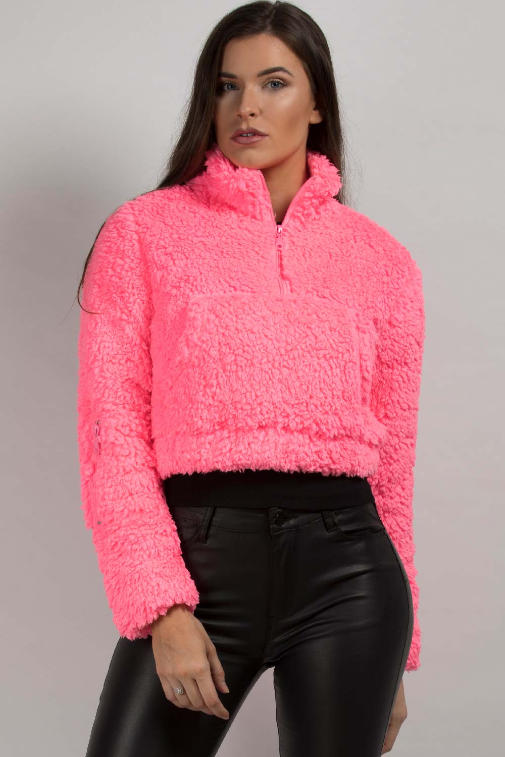 Neon Pink Teddy Bear Pullover Jacket