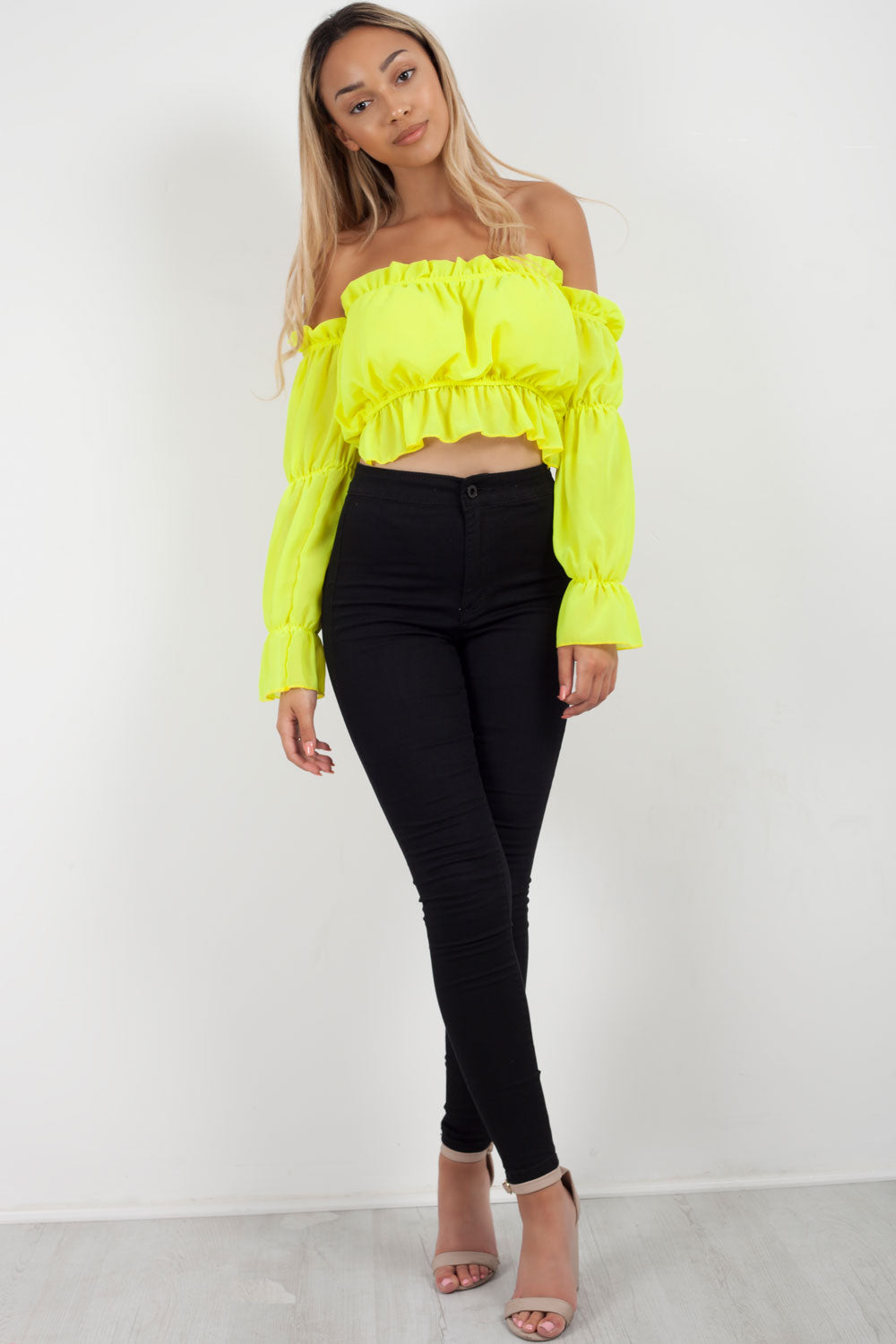 neon yellow off shoulder crop top