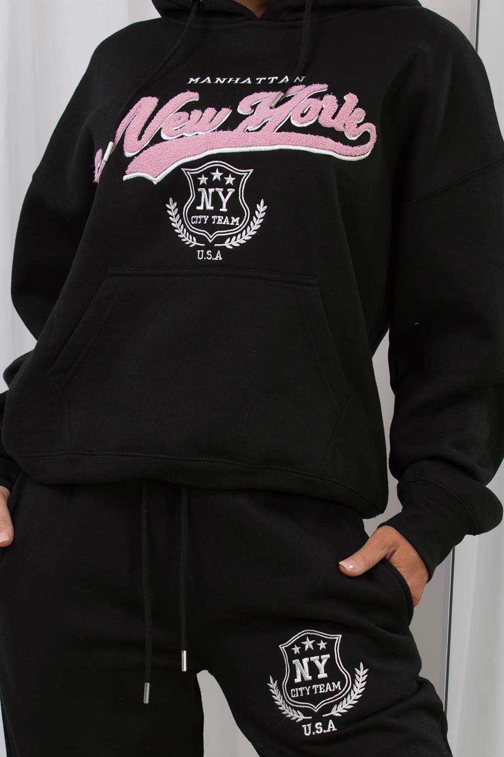 womens hoodie and joggers loungewear co ord set with new york slogan