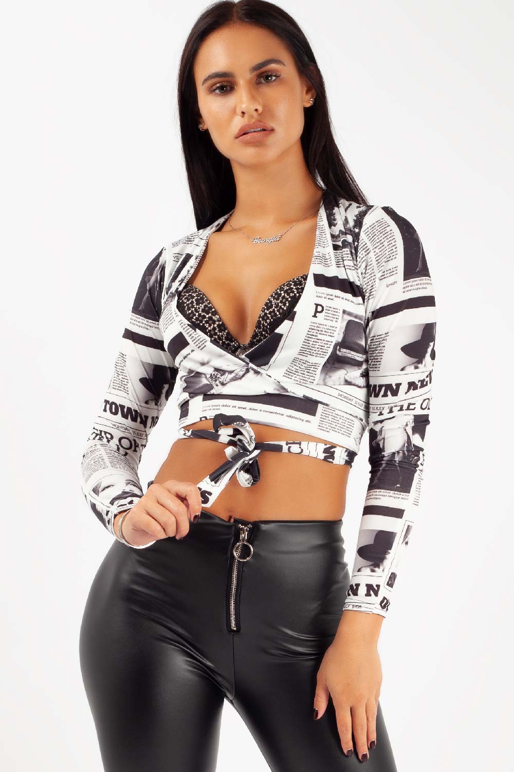 newspaper print crop top black and white