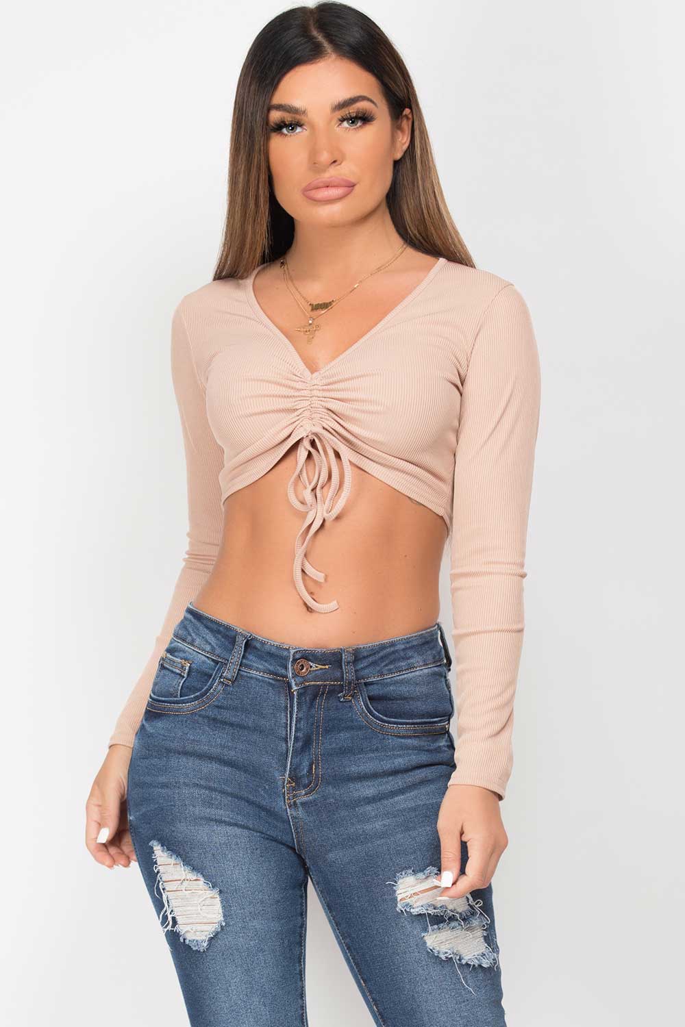 nude long sleeve ruched front ribbed top
