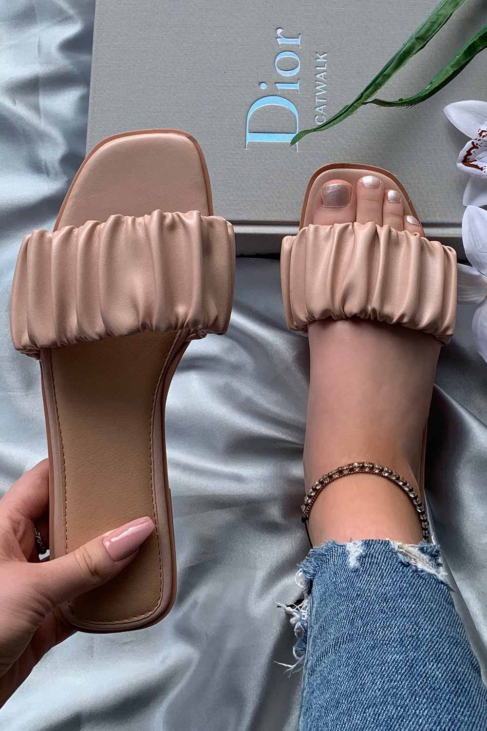 ruched slip on sliders nude