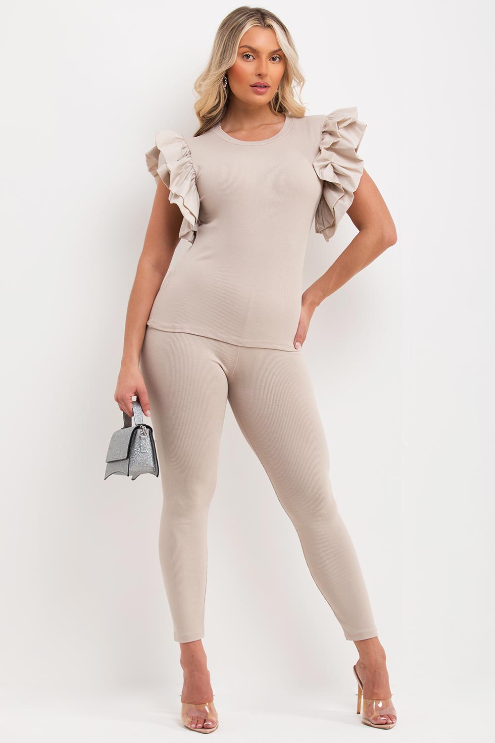 ruffle frill sleeve ribbed top and leggings two piece co ord