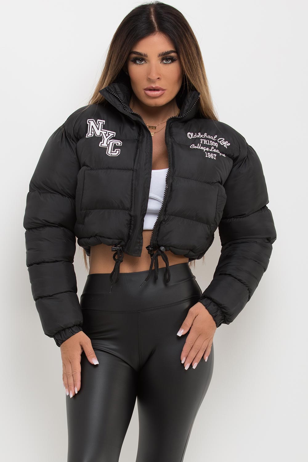 crop puffer jacket with drawstring hem