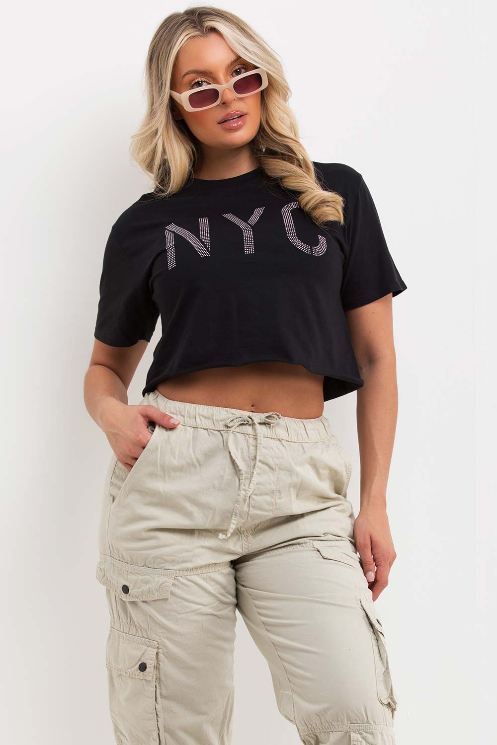 crop t shirt with nyc diamante detail uk