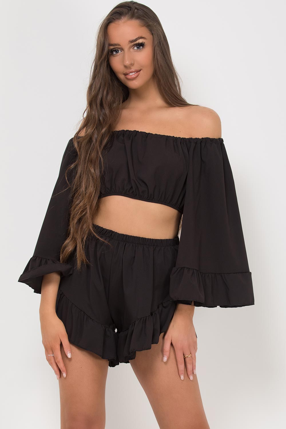 bell sleeve bardot crop top shorts set