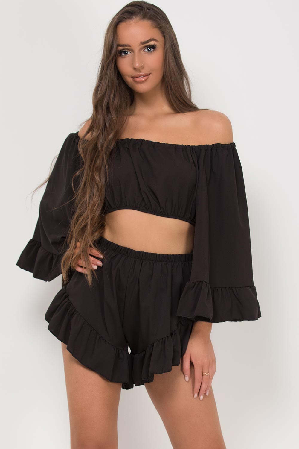 black off shoulder bell sleeve crop top frill hem shorts set