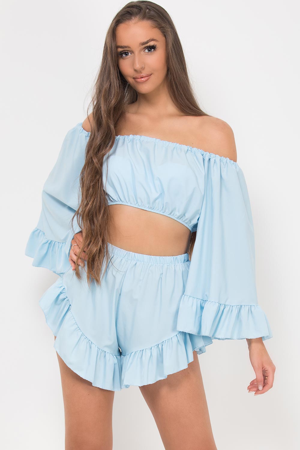 frill hem shorts off shoulder bell sleeve crop top set