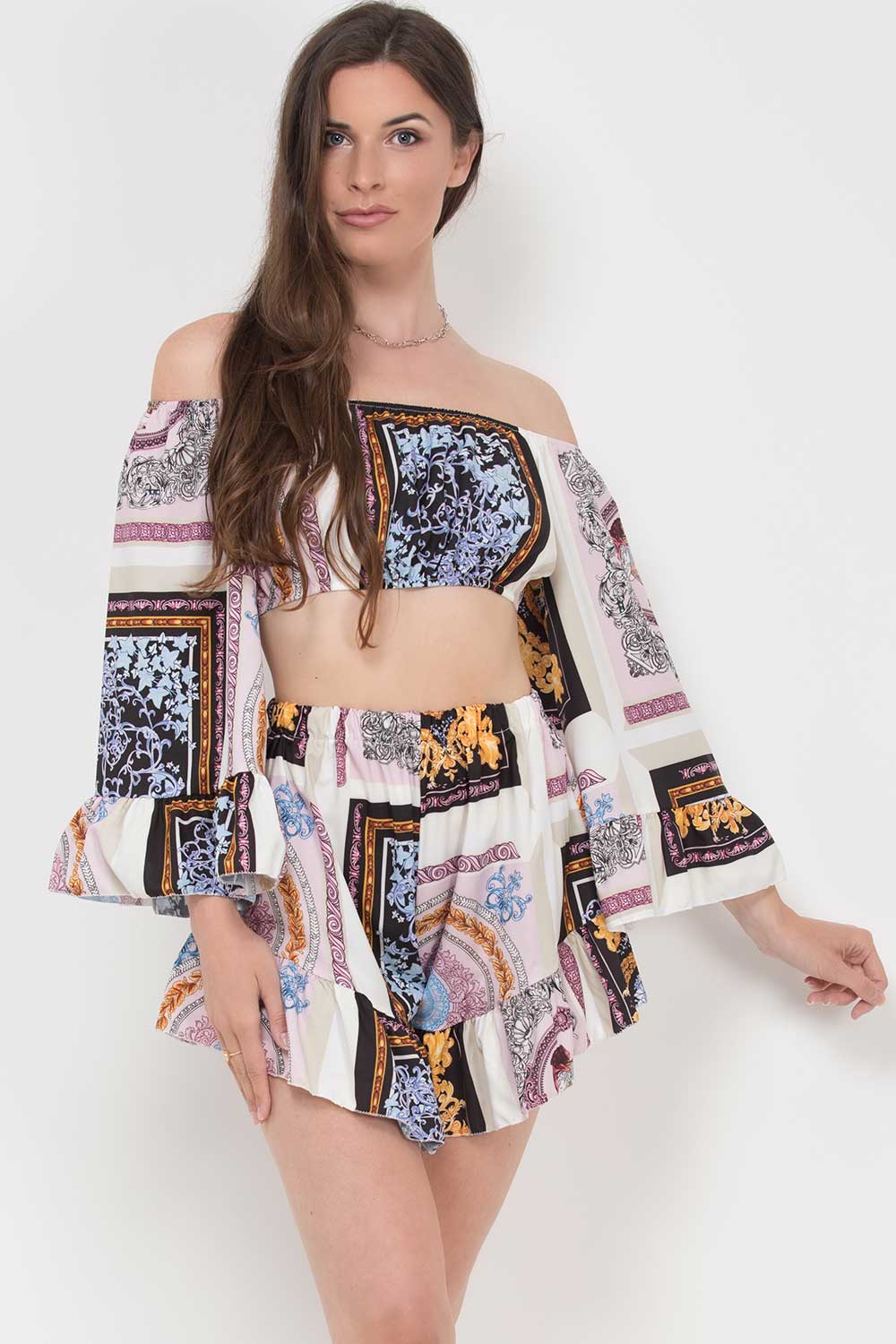 scarf print bardot crop top shorts set uk
