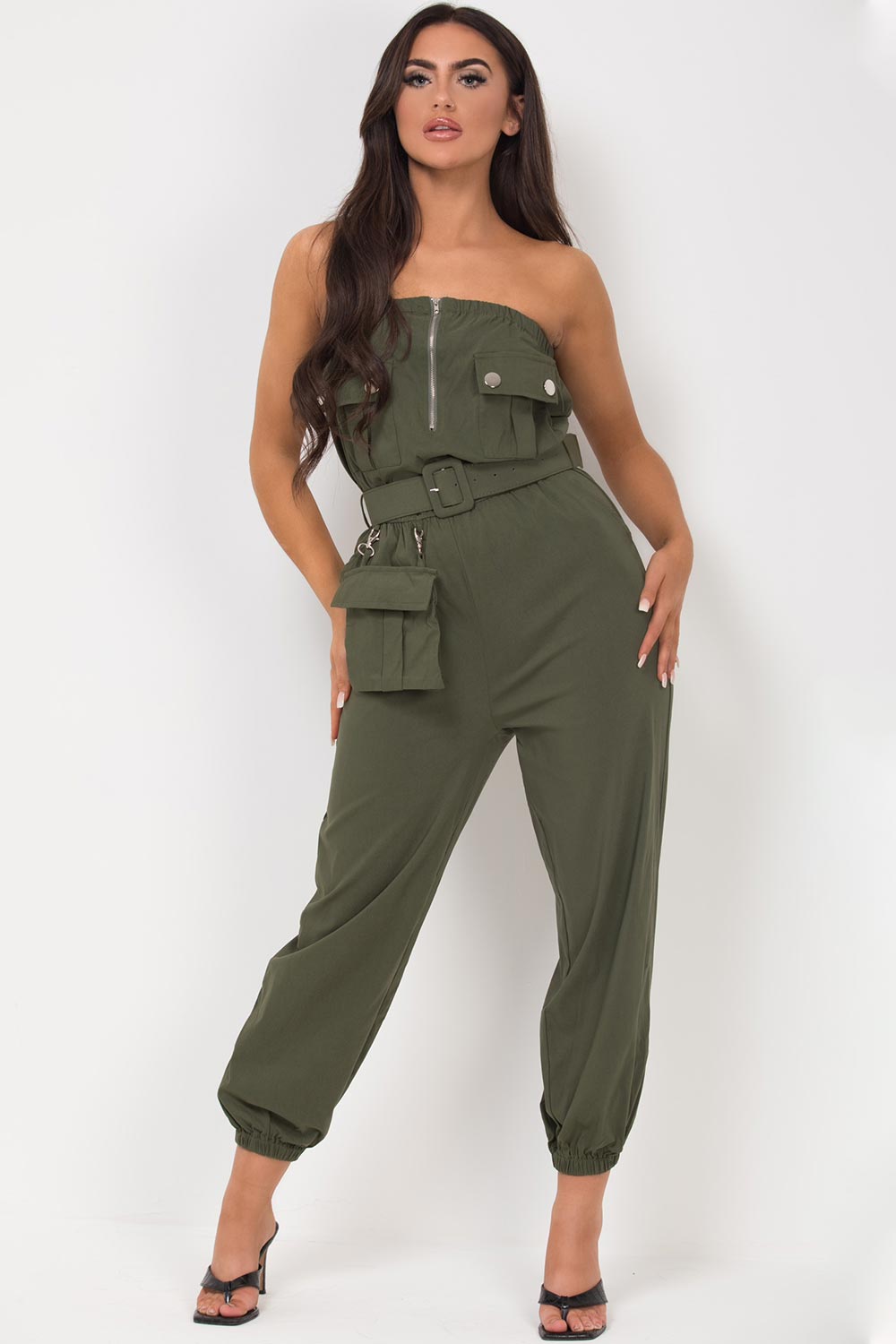 khaki off shoulder utility cargo jumpsuit uk