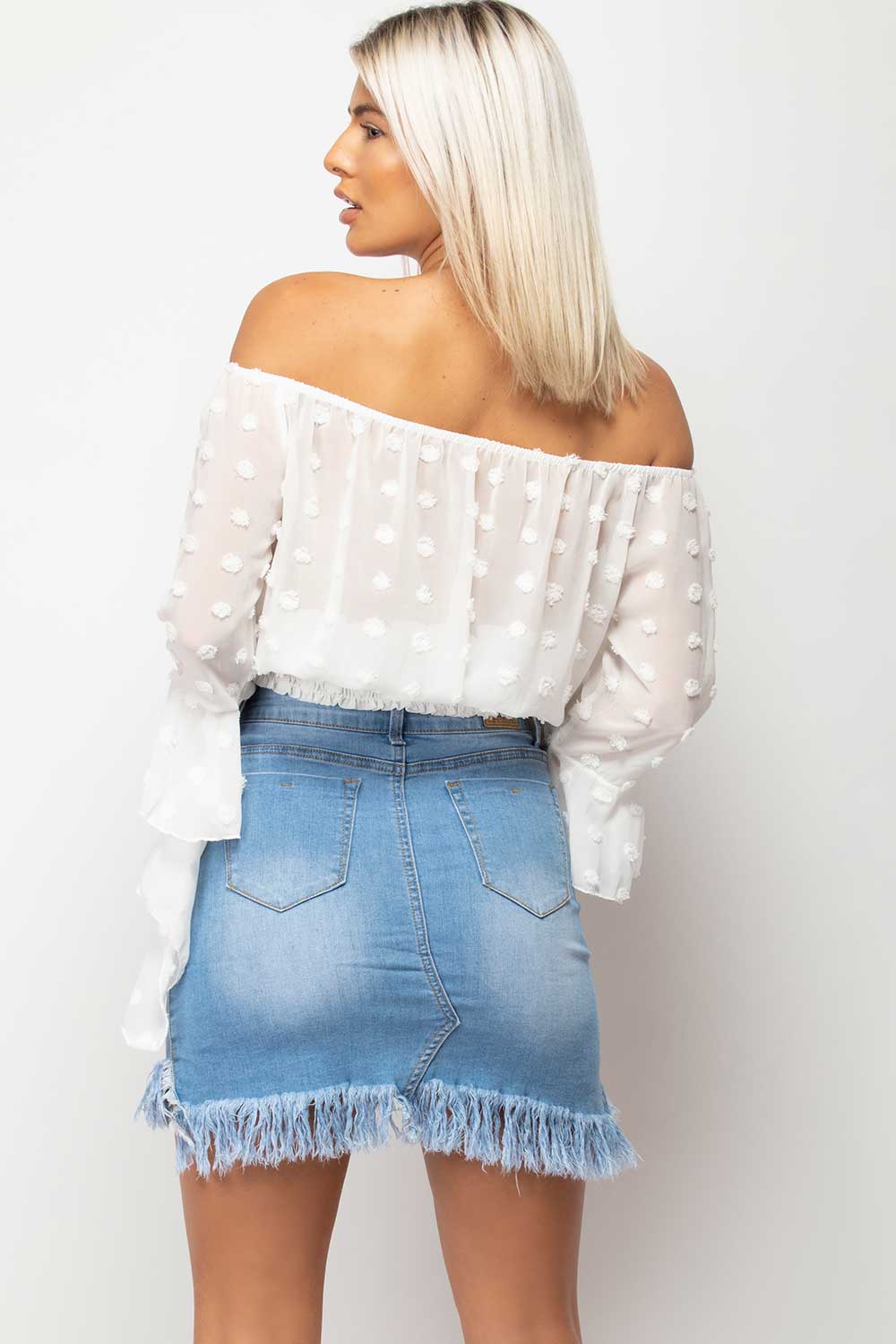 white bardot polka dot blouse