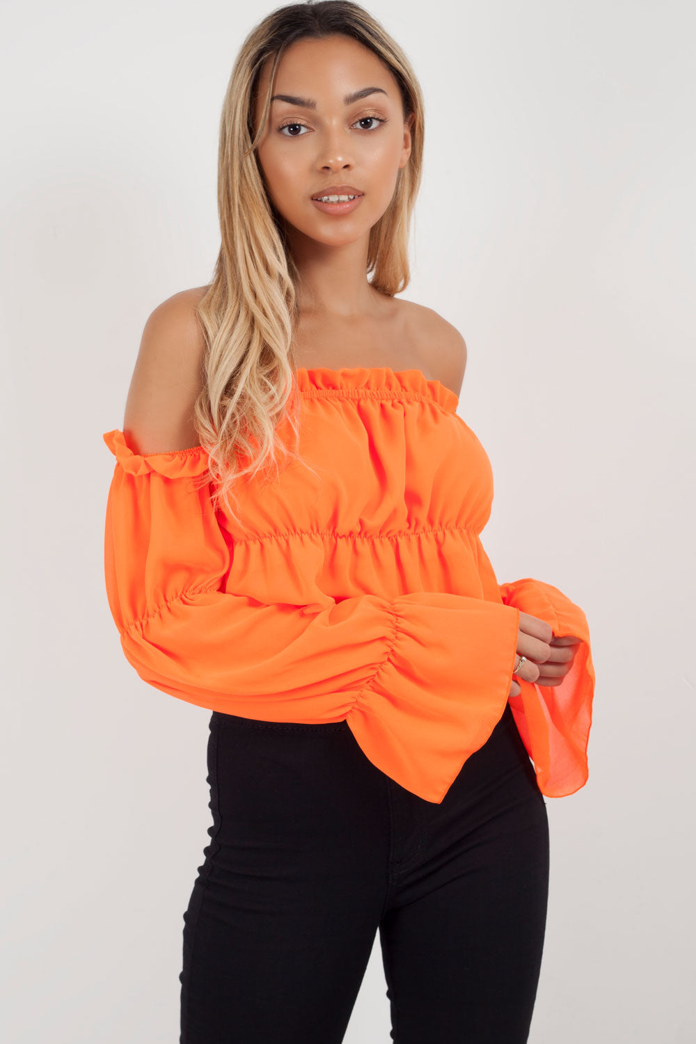 neon orange bardot crop top