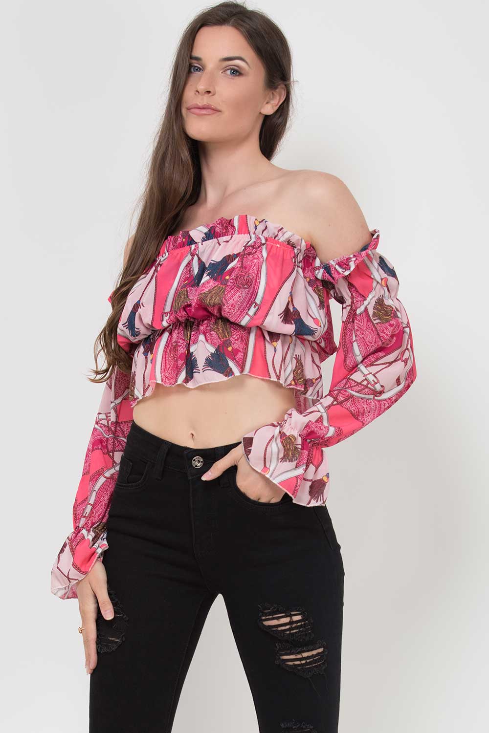 pink scarf print crop top