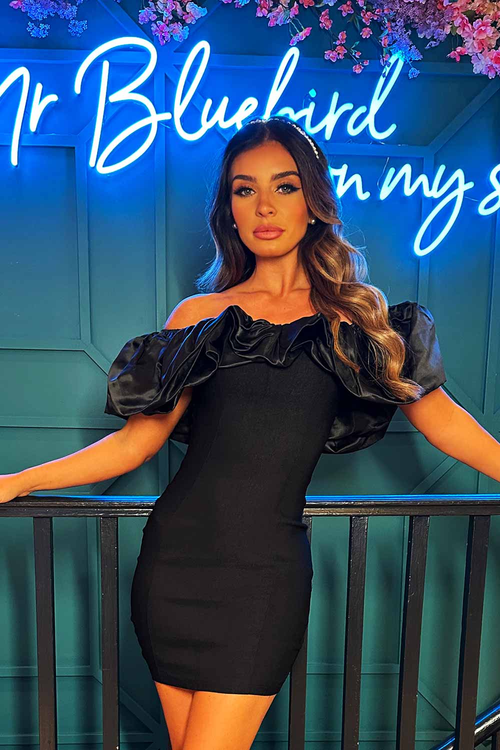satin ruffle off shoulder mini dress