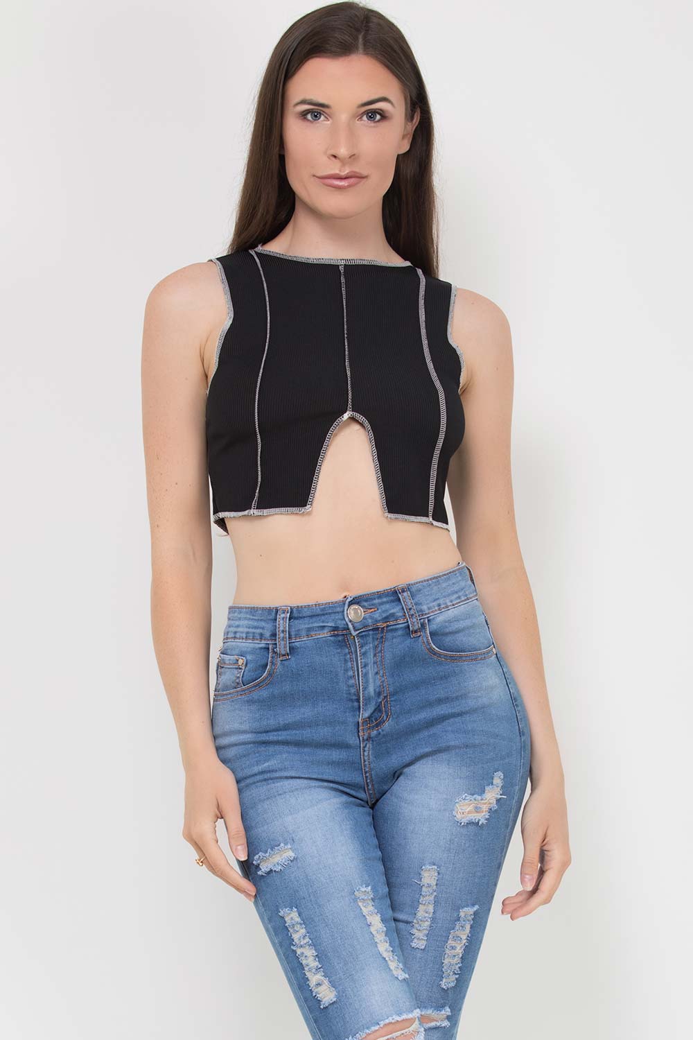 contrast stitch ribbed crop top black