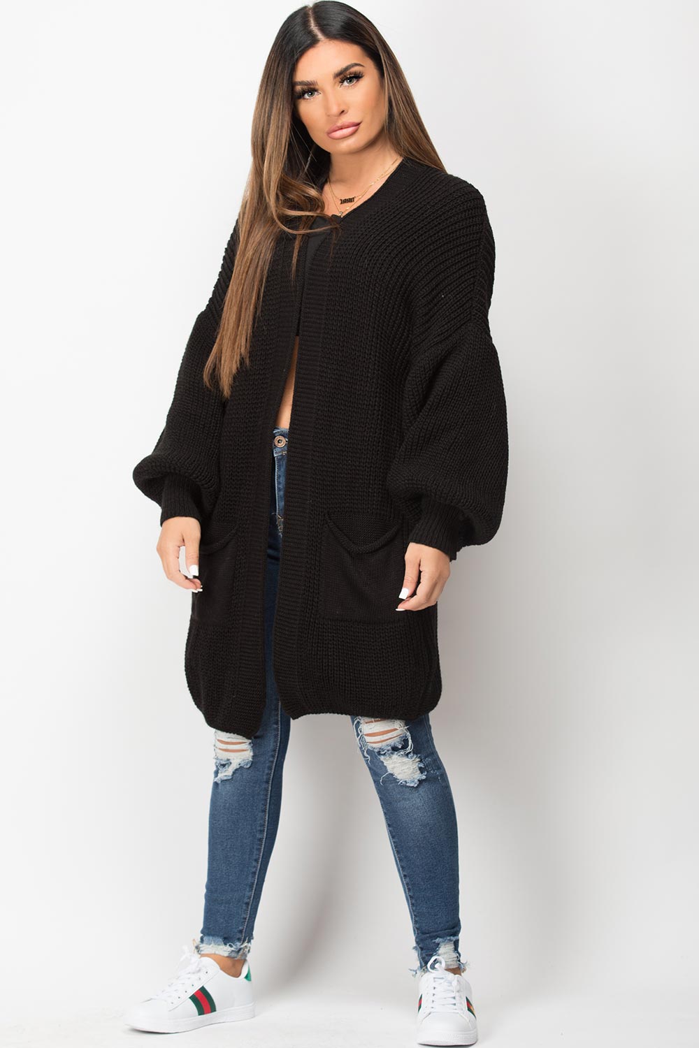 black balloon sleeve longline cardigan chunky knit