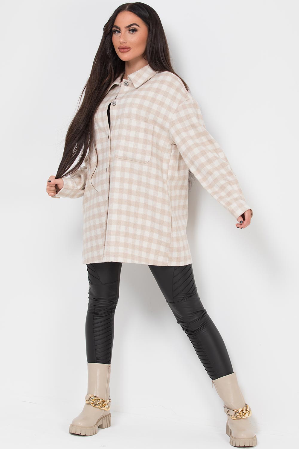 beige check shacket womens